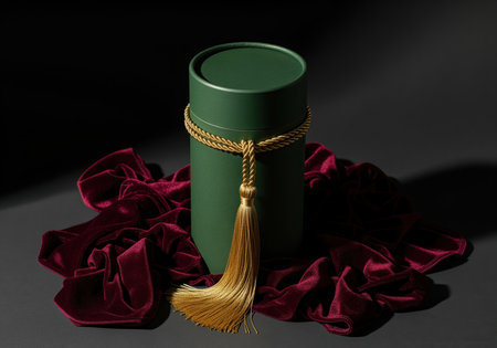 Forest green cylindrical gift box adorned with a golden tassel and rope, elegantly presented on a rich red velvet cloth. perfect for luxury packaging, special occasions, and premium product display.の素材