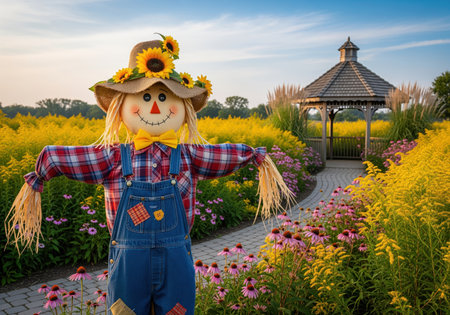 Friendly scarecrow with a sunflower hat, plaid shirt, and overalls stands in a colorful autumn garden with yellow and pink flowers and a wooden gazebo.の素材