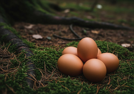 Five natural brown chicken eggs carefully arranged on a bed of vibrant green moss, surrounded by pine needles and dark forest soil. represents nature, organic food, and rustic simplicity.の素材