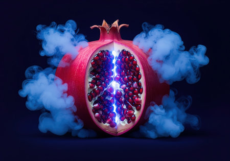 Pomegranate, cut open, revealing vibrant red seeds and glowing blue light, surrounded by swirling blue smoke on a dark background. concept of energy and freshness.の素材