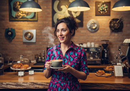 Smiling woman holds a hot coffee cup with steam, standing behind a wooden counter in a cozy cafe. exposed brick walls and unique artwork create an inviting atmosphere.の素材