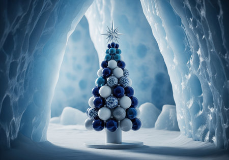 Stylized christmas tree crafted from shiny blue, white, and silver spherical ornaments, topped with a star, standing on a pedestal inside a shimmering ice cave with frosty walls and snow covered ground.の素材