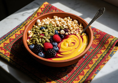 Colorful breakfast bowl featuring golden turmeric yogurt swirled with berry compote, topped with fresh blueberries, raspberries, blackberries, pumpkin seeds, and puffed grains, served on a patterned napkin.の素材