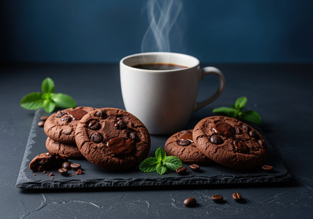 Dark chocolate chip cookies with melted chocolate, a steaming mug of black coffee, fresh mint, and coffee beans on a dark slate board. ideal for a cozy breakfast or an indulgent snack.の素材