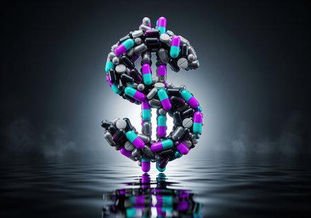 Dollar sign symbol intricately composed of various colorful medical pills and capsules, reflecting on a dark, rippled surface. represents healthcare costs, pharmaceutical industry, and medication expenses.の素材