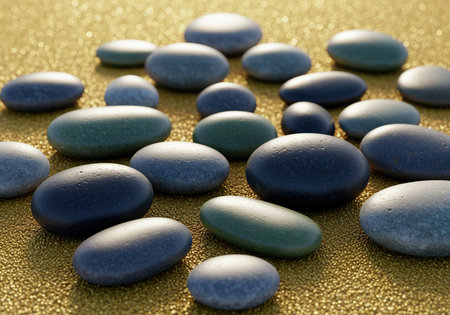 Smooth, polished river stones in various shades of blue, gray, and green scattered on a textured golden surface. natural elements symbolizing balance and tranquility.の素材