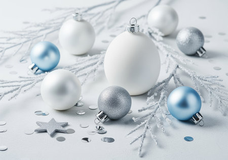 Minimalist christmas decoration with white, silver, and blue baubles, sparkling frosted branches, and scattered confetti. elegant winter holiday theme.の素材