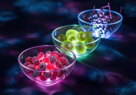 Three glass bowls filled with colorful glowing fruits, including frozen berries, kiwi, and elderberries, illuminated by vibrant neon light. futuristic food concept.の素材