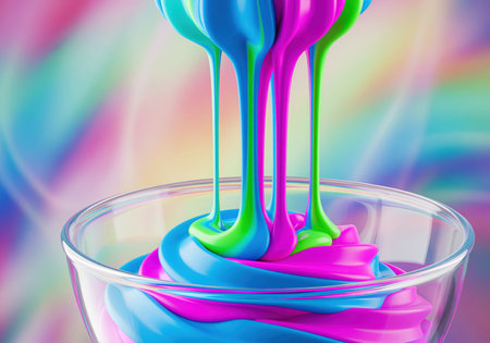 Vibrant blue, pink, and green liquid swirls pouring into a clear glass bowl, creating a dynamic, iridescent effect. abstract colorful fluid motion.の素材