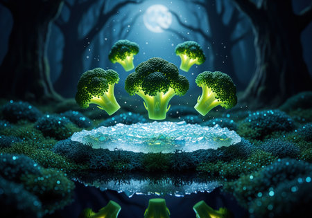 Emerald green broccoli florets glow brightly, levitating above a shimmering crystal surface in a dark, mystical forest under a full moon. ethereal, healthy food concept.の素材