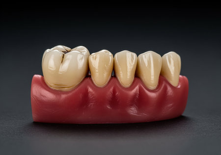 Detailed dental model showcasing a molar crown with visible damage and decay, set within a realistic gum structure. ideal for illustrating dental problems and restorative procedures.の素材