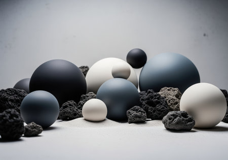 Smooth matte ceramic spheres in charcoal, slate gray, and off white colors, arranged with textured volcanic rocks on a subtle sandy surface. minimalist composition.の素材