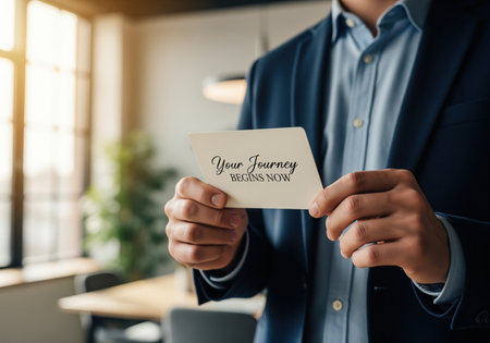 Businessman hands holding a cream colored card with your journey BEGINS NOW text, symbolizing new beginnings and motivation in a professional setting.の素材