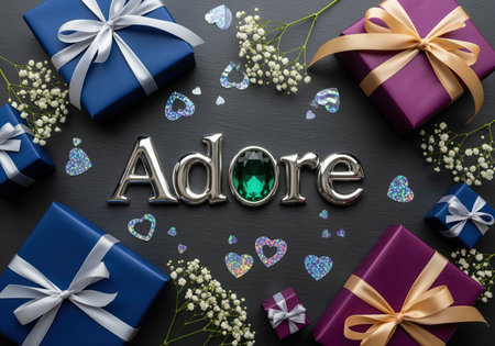 Silver adore word with a prominent emerald gemstone, surrounded by blue and purple gift boxes with ribbons, sparkling heart confetti, and delicate baby breath flowers on a dark background. represents love, celebration, and special occasions.の素材