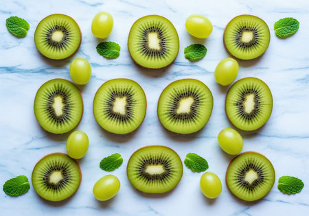 Perfectly sliced kiwis, plump green grapes, and fresh mint leaves arranged symmetrically on a light marble surface. healthy, vibrant fruit composition for diet, snack, or summer concepts.の素材