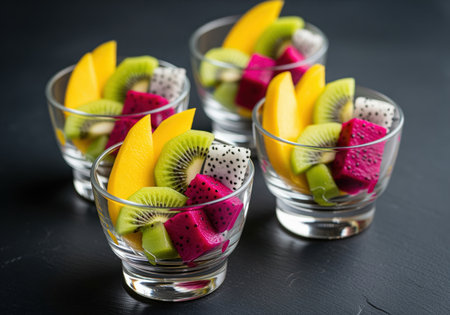 Colorful tropical fruit salad in four glass bowls, featuring fresh slices of mango, kiwi, and dragon fruit. healthy, refreshing dessert or snack.の素材
