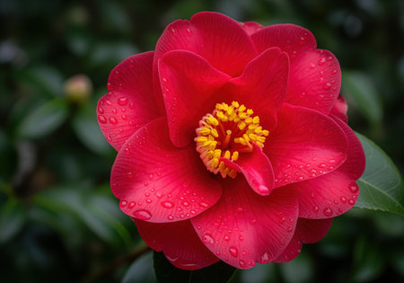 Vibrant deep red camellia flower with layered petals and yellow stamen, adorned with glistening water droplets. lush green foliage provides a soft, natural background.の素材