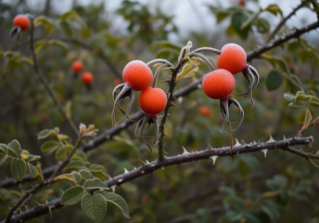 Bright orange rose hips covered in frost on thorny branches of a wild rose bush during a cold winter day, showcasing nature resilience and vibrant color.の素材