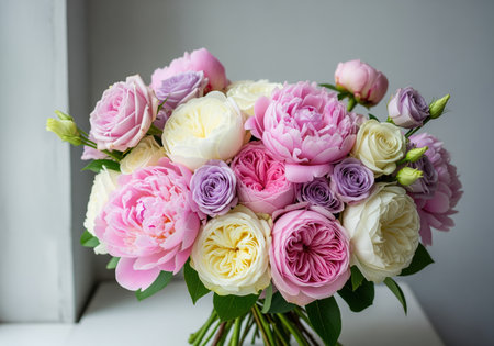 Lush bouquet featuring a vibrant mix of pink peonies, purple, white, and yellow garden roses, showcasing fresh blooms and natural beauty.の素材