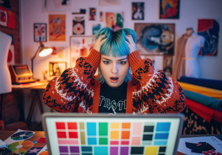 Young woman designer with vibrant blue hair clutches her head in frustration, looking at a laptop screen displaying color swatches in her creative studio.の素材