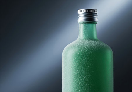 Frosted green glass bottle covered in ice crystals, featuring a silver metal cap, against a dark studio background with a spotlight. represents cold, refreshment, and alcoholic beverages.の素材