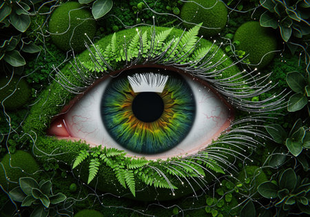 Vibrant green eye, blending with lush moss, ferns, and glowing organic lines, symbolizing nature vision, environmental connection, and ecological awareness.の素材