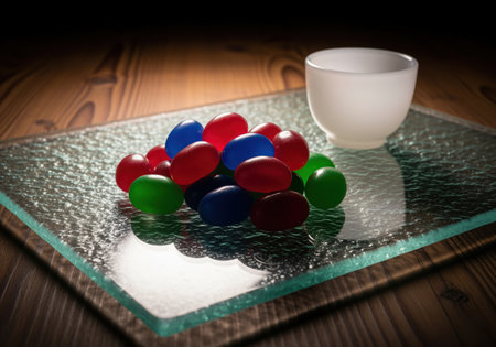 Colorful translucent jelly beans piled on a textured glass plate, accompanied by a small frosted white cup. sweet candy treat, sugar, dessert, still life, indulgence.の素材
