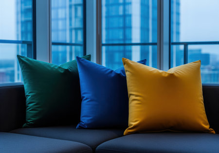 Vibrant green, blue, and yellow velvet throw pillows arranged on a dark gray sofa in a contemporary living room, offering comfort and modern home decor with a city view.の素材