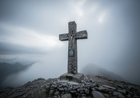 Ancient stone cross stands on a rugged mountain summit, enveloped by dense mist and low hanging clouds, creating a solemn and dramatic atmosphere.の素材