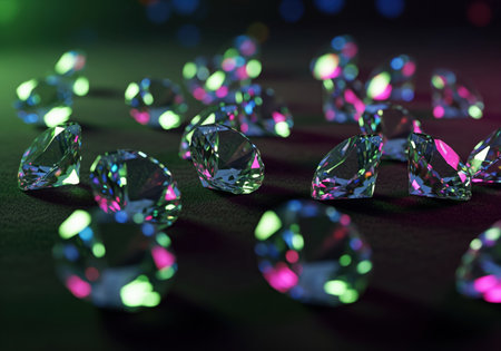 Sparkling iridescent synthetic diamonds scattered across a dark textured surface, reflecting vibrant neon green and pink light. luxury, wealth, and precious gems concept.の素材