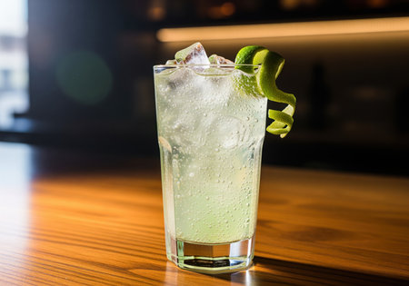 Refreshing gin and tonic cocktail with ice cubes and a vibrant lime peel garnish, served in a tall glass on a polished wooden bar counter. sparkling beverage for a bar or restaurant setting.の素材