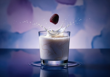 Dark raspberry creating a dynamic splash as it falls into a clear glass of white milk. droplets and ripples are visible on a vibrant purple and blue background, emphasizing freshness and movement.の素材