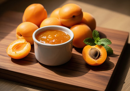 Golden apricot jam in a white ceramic pot, surrounded by fresh whole and halved ripe apricots with mint leaves on a wooden board, bathed in natural light.の素材
