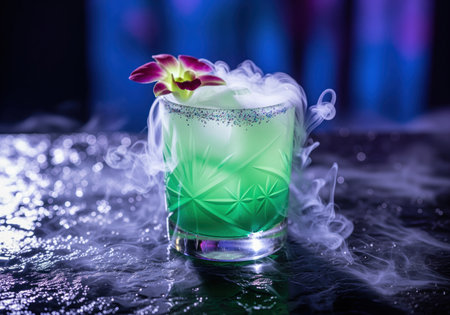 Vibrant emerald green cocktail served in a textured glass, adorned with a purple orchid and shimmering glitter. mysterious dry ice vapor swirls around the drink on a dark, reflective surface with bokeh lights.の素材