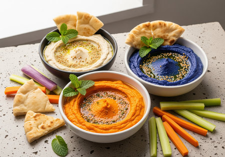 Three bowls of colorful hummus, including classic, orange, and blue varieties, garnished with mint, olive oil, and sesame seeds, served with pita bread and crisp vegetable sticks like celery and carrots.の素材