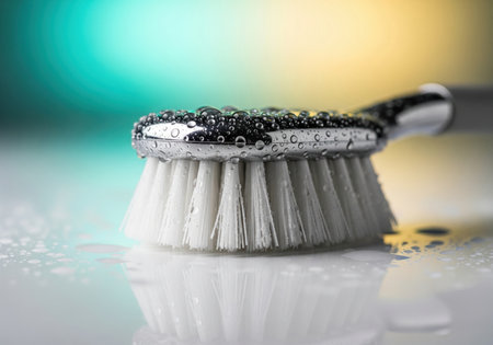 Chrome scrubbing brush with white bristles covered in fresh water droplets, reflecting on a clean, wet surface with a vibrant background.の素材