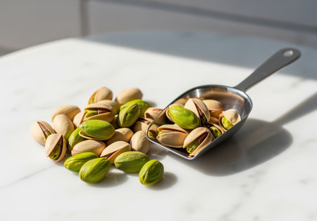 Pile of vibrant green pistachios, both shelled and unshelled, next to a stainless steel scoop on a bright white marble surface. healthy snack, food ingredient.の素材