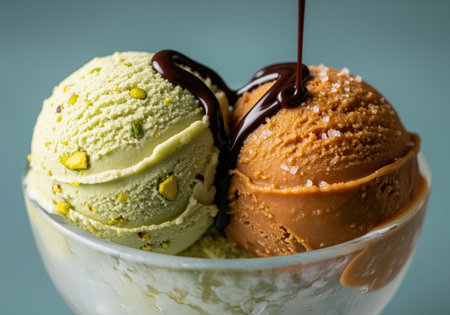 Two scoops of creamy pistachio ice cream with nuts and salted caramel ice cream with sea salt flakes, drizzled with rich chocolate sauce in a clear glass bowl, ready to be enjoyed.の素材