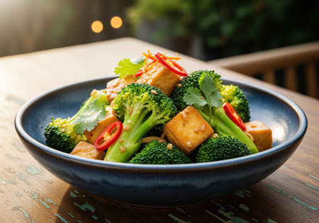 Stir fried broccoli and golden tofu cubes garnished with red chili slices and fresh cilantro in a blue bowl on a wooden table. healthy, vegan, and flavorful asian inspired meal.の素材
