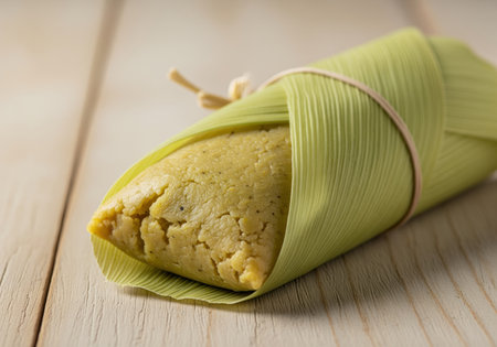 Brazilian pamonha, a traditional sweet corn paste wrapped in a natural green corn husk, tied with string. a popular latin american delicacy on a light wooden surface.の素材