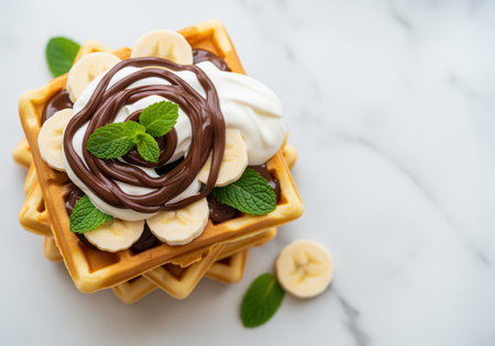Stack of golden waffles generously topped with rich chocolate sauce, fresh banana slices, fluffy whipped cream, and vibrant mint leaves on a white marble surface. delicious sweet breakfast or dessert.の素材