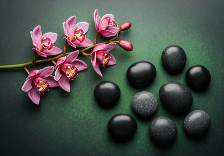 Elegant display of vibrant fuchsia cymbidium orchids and smooth black spa stones arranged on a dark green surface, symbolizing relaxation, wellness, and natural beauty.の素材