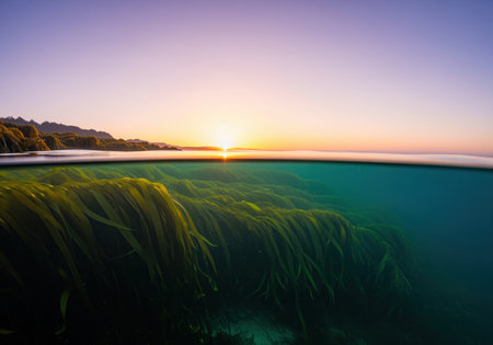 Vibrant kelp forest thrives beneath a calm ocean surface, illuminated by a brilliant sunrise painting the horizon and distant coastline with warm light.の素材