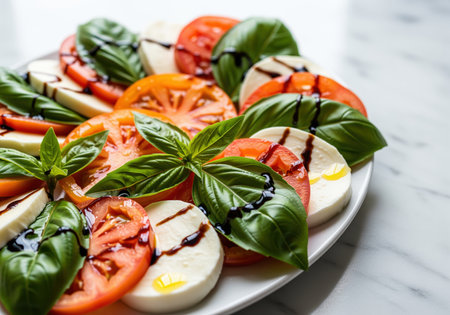 Vibrant caprese salad featuring fresh heirloom tomato slices, creamy mozzarella, and fragrant basil leaves, drizzled with balsamic glaze and olive oil, presented on a white plate. ideal for healthy eating, italian cuisine, and gourmet food concepts.の素材