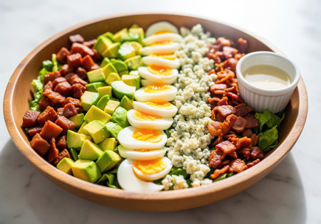 Deconstructed cobb salad in a rustic wooden bowl, featuring fresh avocado, sliced hard boiled eggs, crispy bacon, blue cheese, and green lettuce. healthy and balanced meal.の素材