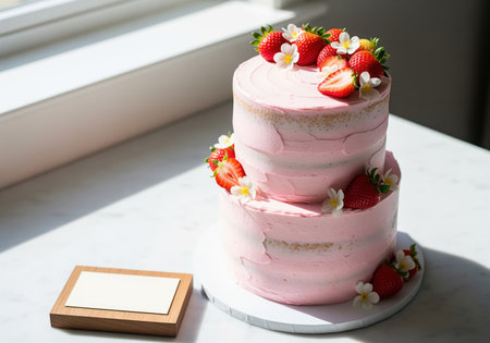 Two tier pink cake with smooth frosting, adorned with fresh strawberries and delicate white flowers. perfect for celebrations, birthdays, weddings, or baby showers, symbolizing joy and sweetness.の素材