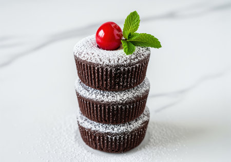 Three miniature chocolate lava cakes stacked, generously dusted with powdered sugar, topped with a vibrant red cherry and fresh mint leaves on a white marble surface. decadent dessert.の素材