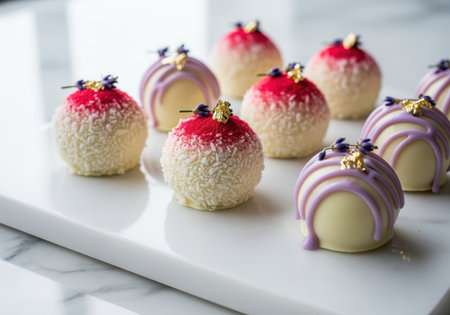 Gourmet white chocolate bonbons arranged on a clean, light marble surface. some are coated with shredded coconut and a red topping, others feature purple drizzle, all adorned with lavender and gold leaf. luxurious confectionery for special occasions.の素材