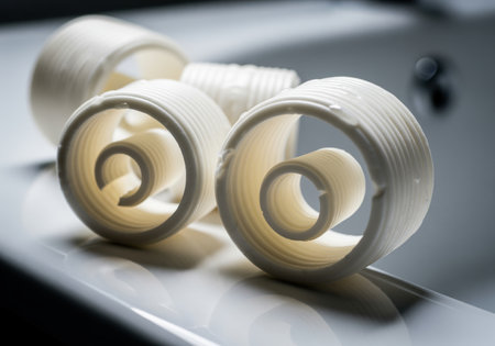 Ivory soap curls, meticulously carved and appearing wet, shimmer on a clean white porcelain surface. the spirals create an elegant, clean, and fresh aesthetic.の素材