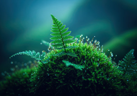 Emerald fern and bright green moss covered in glistening water droplets, illuminated by soft light in a lush, vibrant forest environment, showcasing natural beauty and freshness.の素材